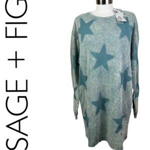 NWT SAGE + FIG Teal Star Print Round Neck Dress with Pockets Size Large